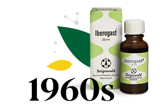 Data 1960 otoczona liśćmi i staromodna butelka Iberogast z opakowaniem obok.